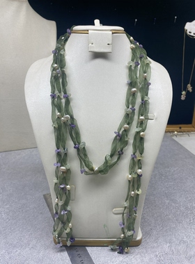 B1百搭绿色绢纱丝带碎石项链紫水晶珍珠流苏小众高级感长款配饰女