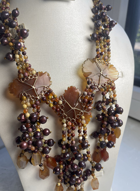 老货925配件玛瑙石雕花花瓣淡水珍珠天然石流苏项链手链5.69