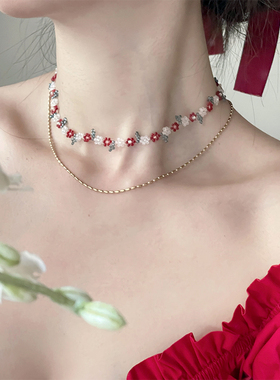 小众法式少女春日花朵串珠锁骨链