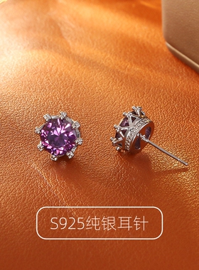 爆闪锆石蓝色紫色耳钉时尚轻奢高级感简约大气百搭耳饰S925银针