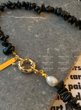 黑色天然石串珠项链女高级感轻奢小众颈链欧美锁骨链夏天日常百搭