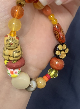 招财猫｜原创小众设计ins可爱复古丑萌搞怪橘猫不规则串珠手链