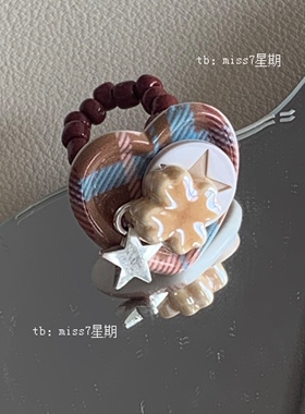 幸运星｜原创小众设计ins复古y2k千禧可爱格纹爱心四叶草纽扣戒指