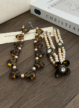 欧美小众设计豹纹大爱心珍珠项链