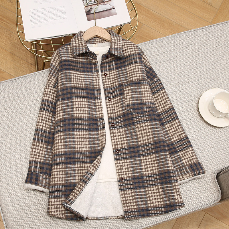 复古原宿宽松加绒毛呢女士外套衬衫 梵桃衬衫