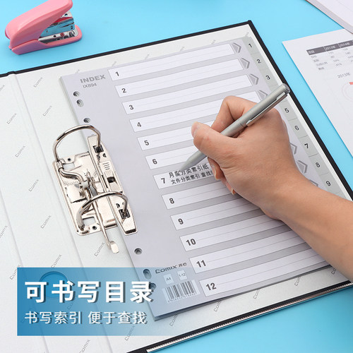齐心IX894分类纸隔页纸塑料年度索引纸A4数字1-12页11孔分页纸 - 图0