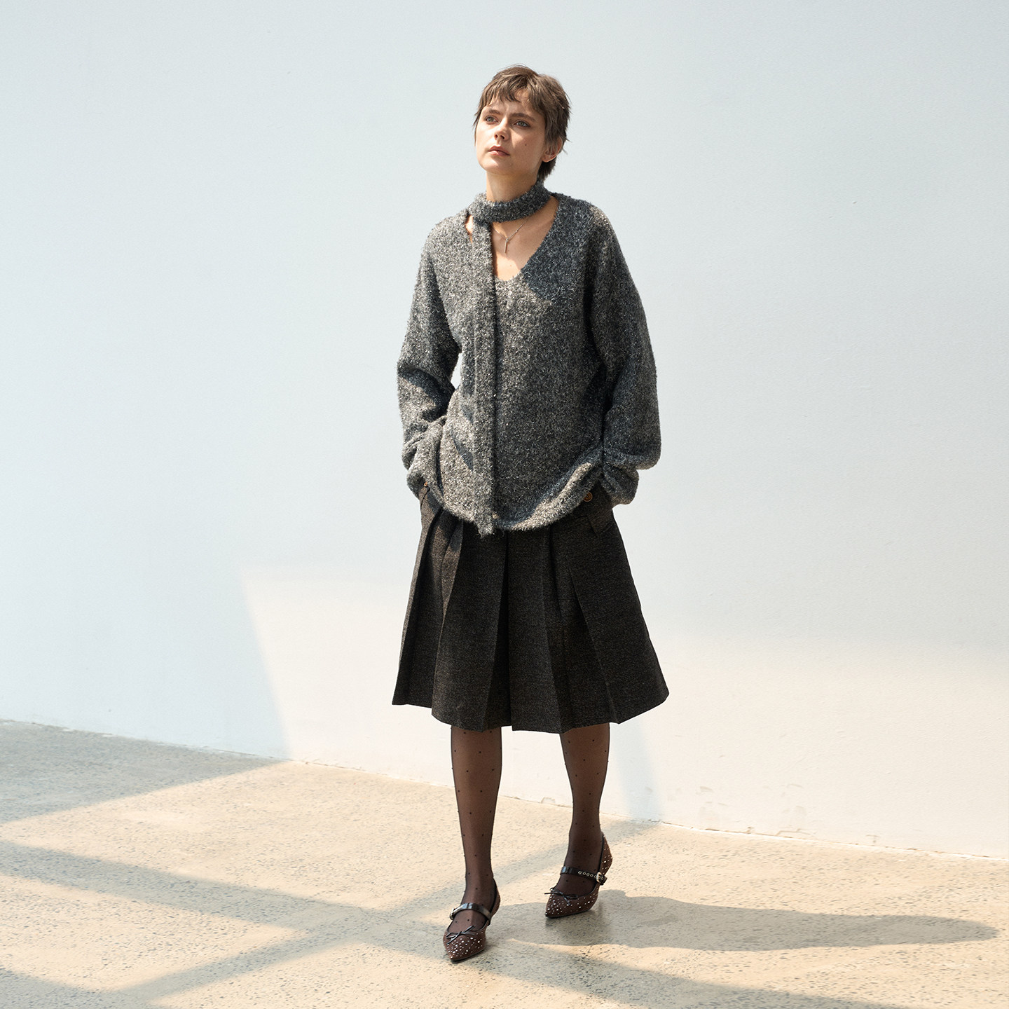 【漫步常青藤】BiLLconch羊毛混纺彩点肌理感半裙A字廓形百褶裙女 - 图3