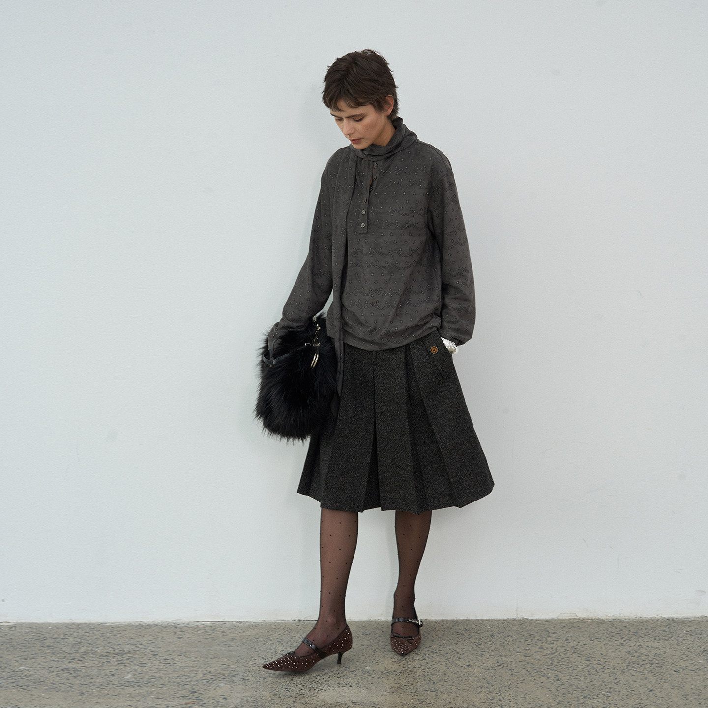 【漫步常青藤】BiLLconch羊毛混纺彩点肌理感半裙A字廓形百褶裙女 - 图1