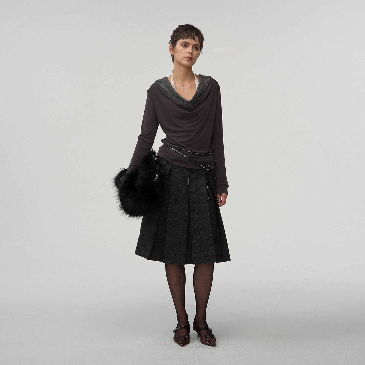 【漫步常青藤】BiLLconch羊毛混纺彩点肌理感半裙A字廓形百褶裙女 - 图2