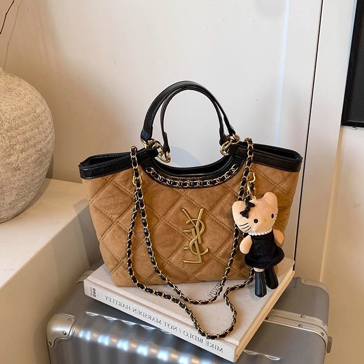 小香风撞色菱格链条包女2025新款大容量托特包单肩斜挎包磨砂绒包,淘宝优惠券,粉丝福利购,淘宝优惠卷