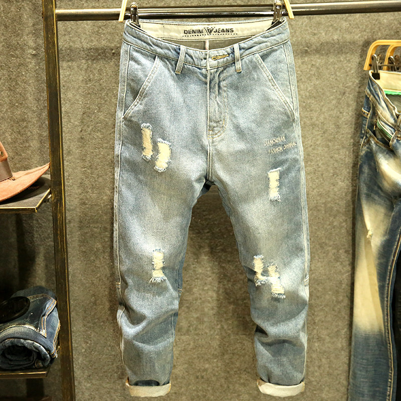 九分破洞男潮牌宽松潮流百搭牛仔裤 微牛牛仔裤