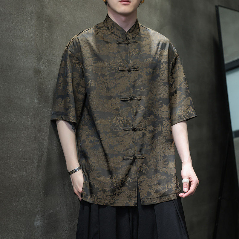 夏季薄款大码男士中国风唐装手工盘扣短袖衬衫休闲立领汉服中式,淘宝优惠券,粉丝福利购,淘宝优惠卷
