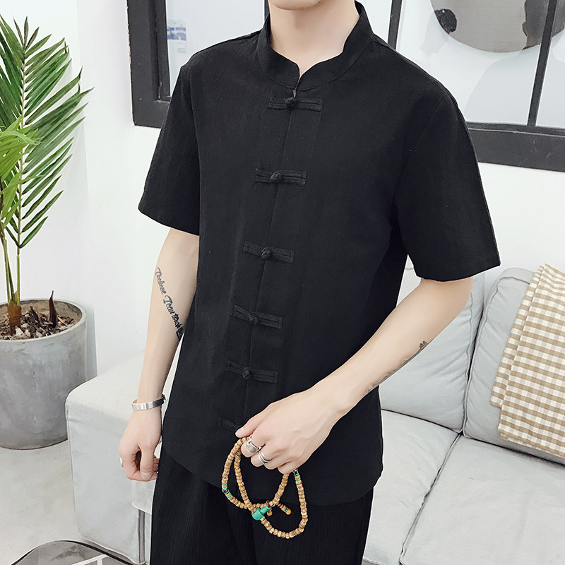夏季棉麻短袖中式盘扣唐装青年衬衫 九幽男装民族服装