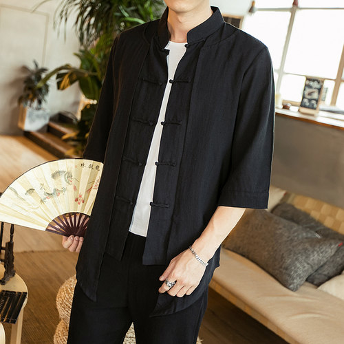 夏季禅服中式纯棉手工盘扣唐装外套改良汉服对襟道袍居士服茶服男 - 图0