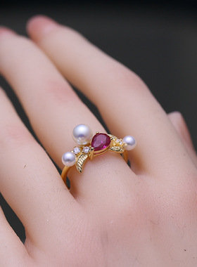 DIY配件S925纯银红钻三珠珍珠戒
