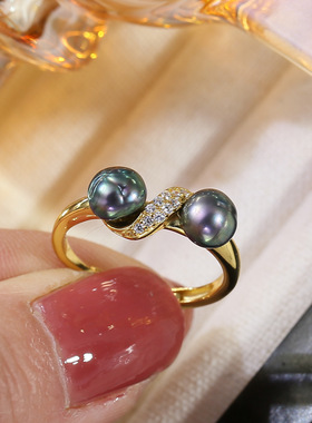 DIY配件 S925纯银时尚珍珠戒指空托 双珠指环戒托开口指圈5-7mm