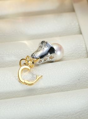 DIY配件 S925纯银铃铛珍珠吊坠空托配饰 半成品双色项坠银托7-12