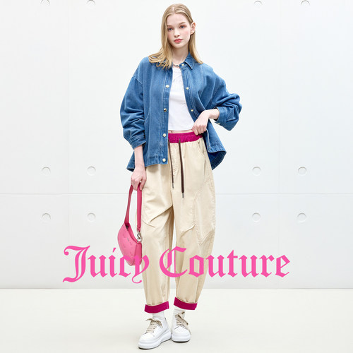 【100%棉】Juicy Couture橘滋休闲裤女米白撞色灯芯绒束脚长裤 - 图2
