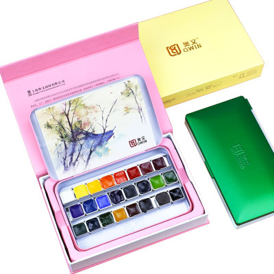 新品奥文固体水彩颜料18色24色36色固体水彩套装学院级初学者透明水彩画套装写生便携铁盒装水彩画固体颜料 虎窝淘