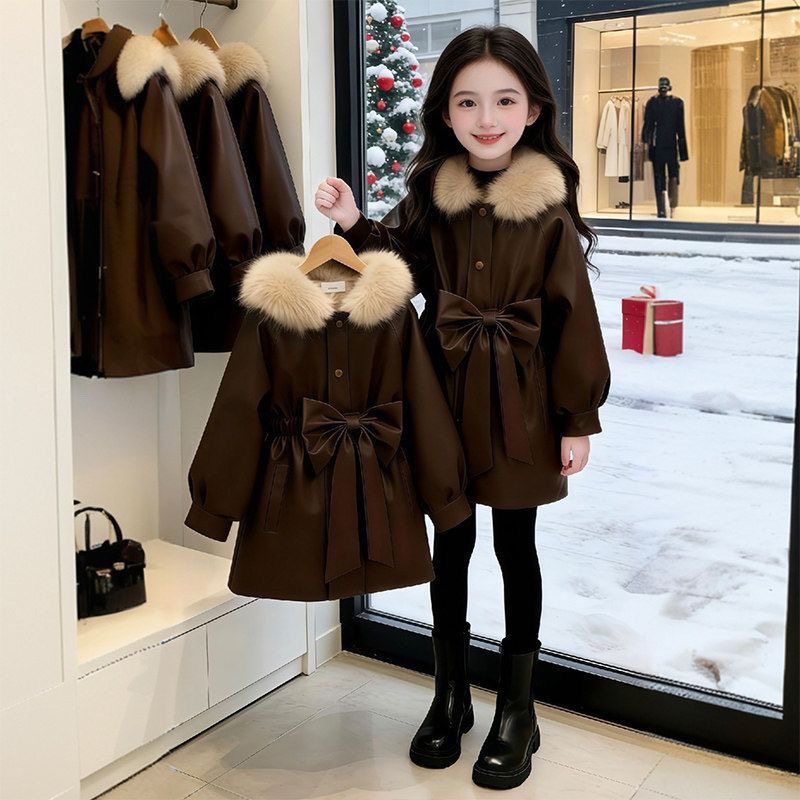 女童大毛领仿皮草外套冬季新款蝴蝶结收腰中长款加厚洋气保暖上衣,淘宝优惠券,粉丝福利购,淘宝优惠卷