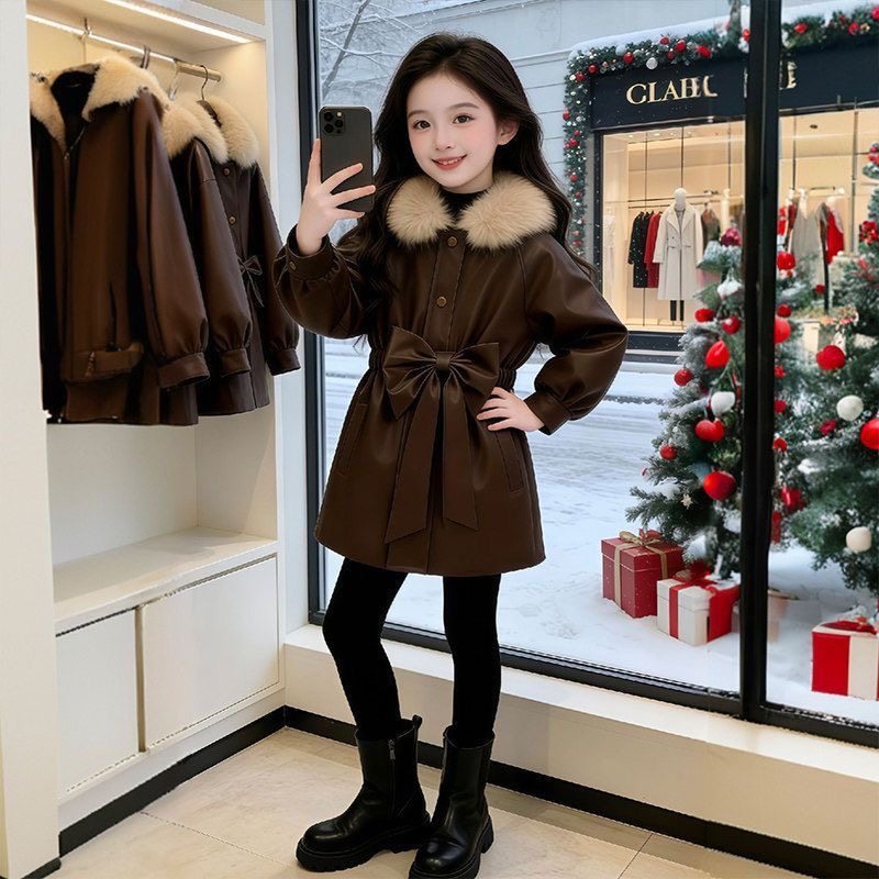 女童大毛领仿皮草外套冬季新款蝴蝶结收腰中长款加厚洋气保暖上衣,淘宝优惠券,粉丝福利购,淘宝优惠卷