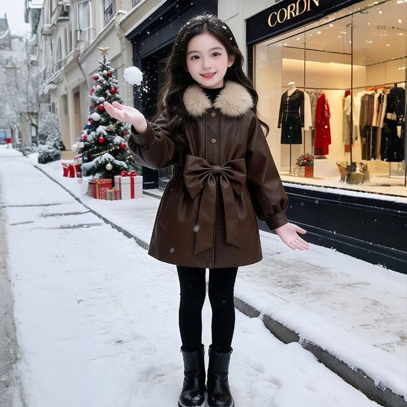 女童大毛领仿皮草外套冬季新款蝴蝶结收腰中长款加厚洋气保暖上衣,淘宝优惠券,粉丝福利购,淘宝优惠卷