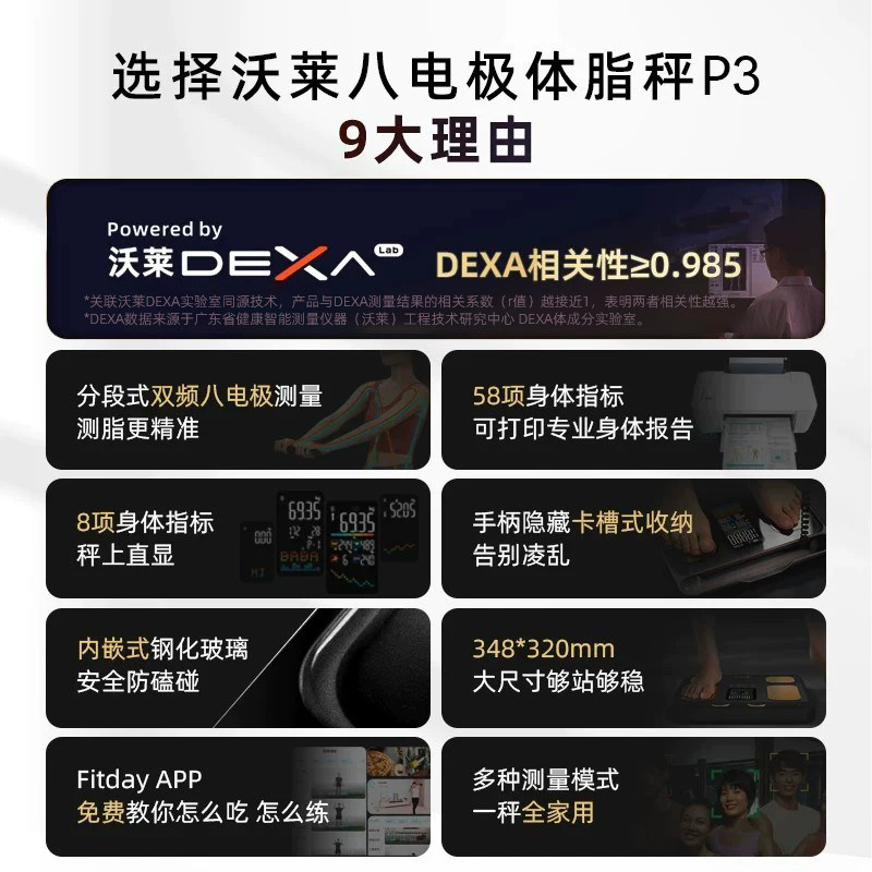 沃莱P3八电极AI体脂秤电子人体称体重的家用小型高精准度智能减肥