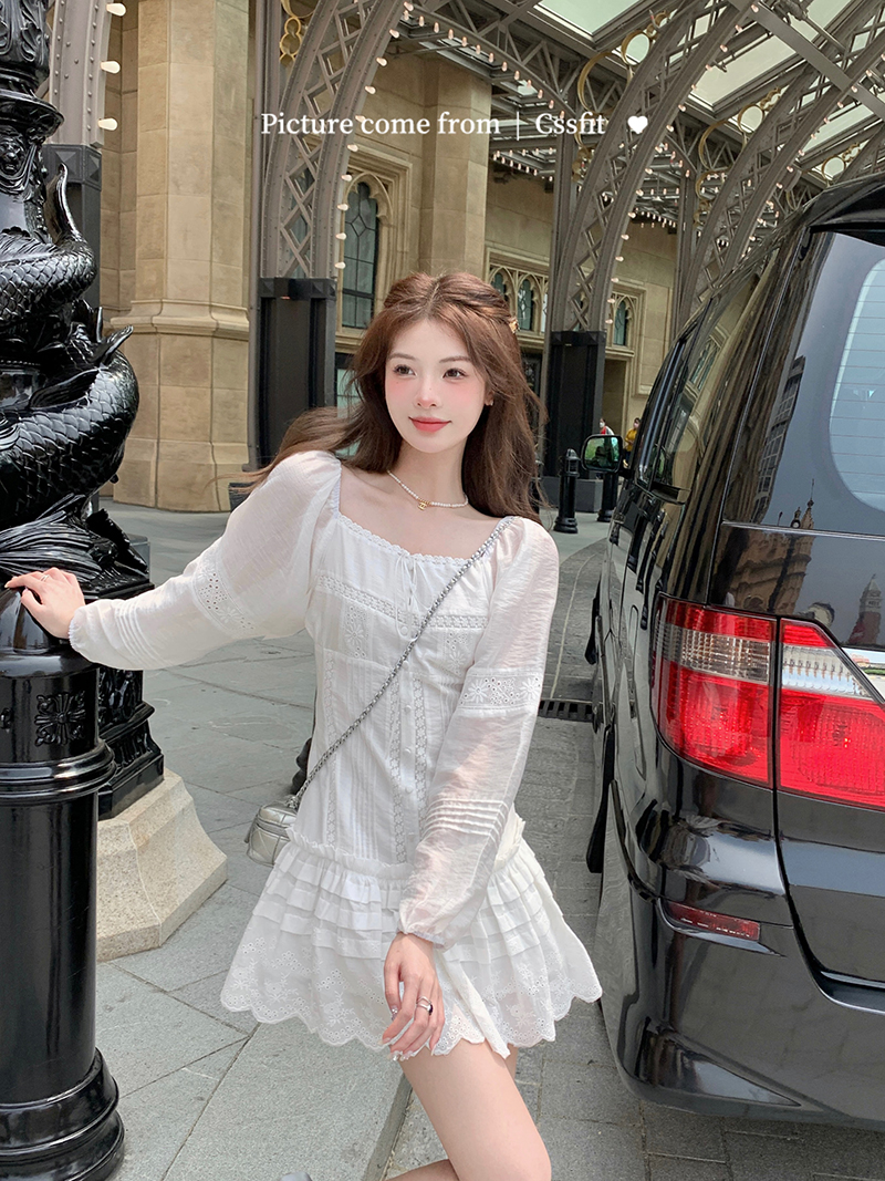 迟伞伞 25/ss 花束般恋爱 刺绣初恋2way小白裙蕾丝拼接系带连衣裙 - 图1