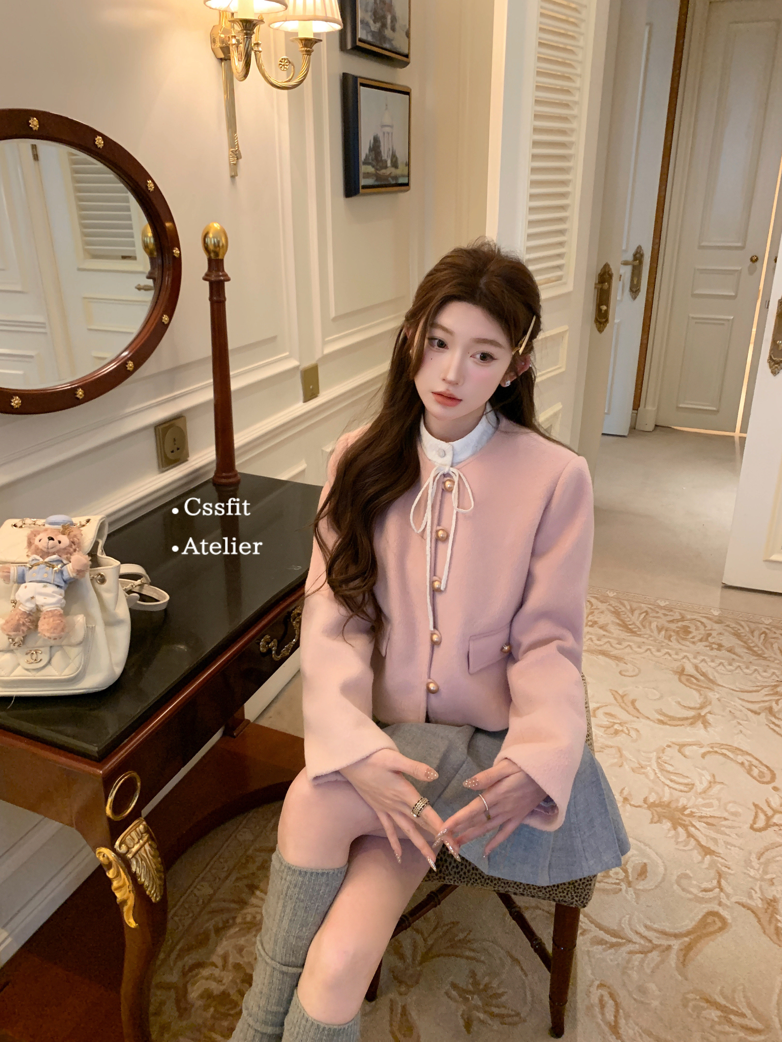 迟伞伞 樱桃奶酒 软糯粉色小香风夹棉外套短款格纹半身裙套装女,淘宝优惠券,粉丝福利购,淘宝优惠卷