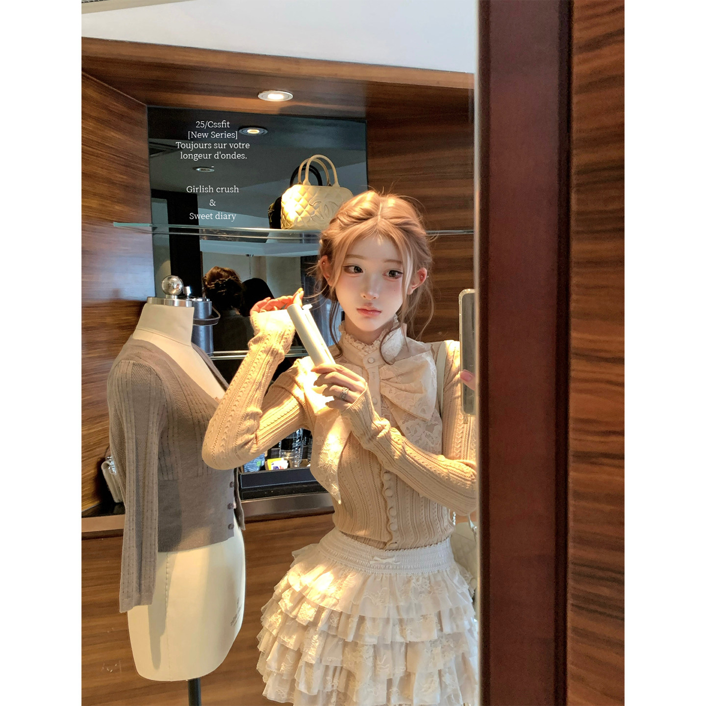 迟伞伞25/fw 琉克斯回信 定制蝴蝶结无袖衬衫千层蕾丝短裙套装,淘宝优惠券,粉丝福利购,淘宝优惠卷