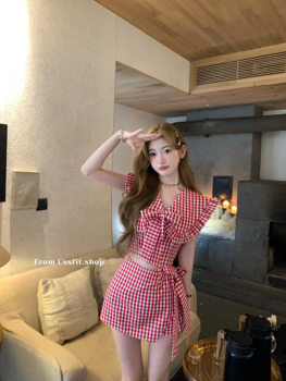 Chi San Umbrella 24/ss Bangkok Diary Pure cotton large lapel red plaid bow top women's culottes fashionable suit