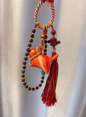 中国红大漆猫咪飘漆猫咪包挂 挂件搭配小叶紫檀松石鱼随机发货