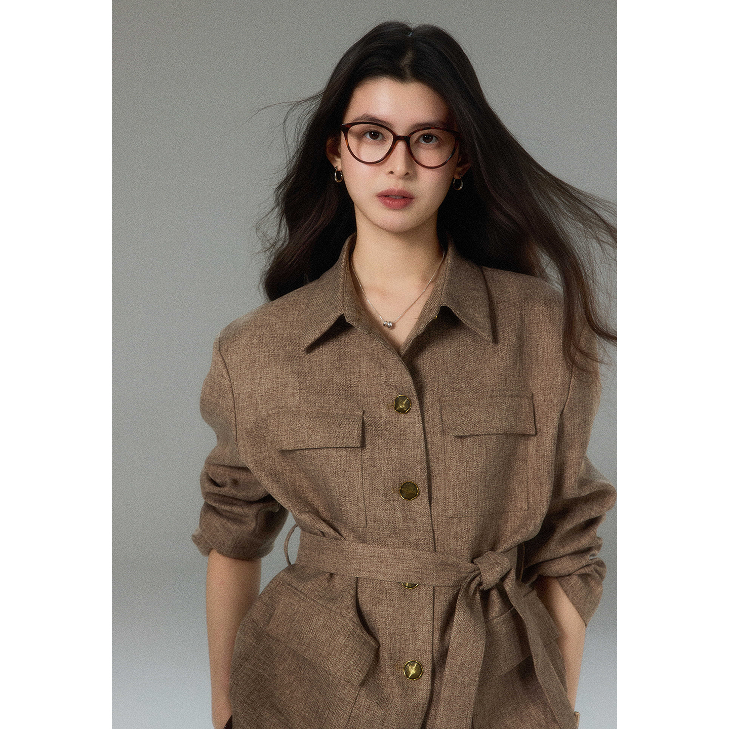 贰羊设计【雁回】质感经典老钱复古咖收腰外套女通勤气质衬衫上衣 - 图3