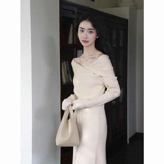 High-end purple French one-shoulder long skirt