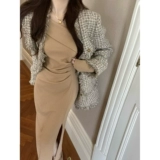 Дизайнерский ретро осенний красный приталенный лонгслив, трикотажное платье, французский ретро стиль, 2022