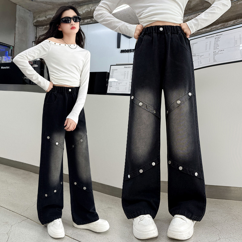 黑色铆钉风牛仔裤女童2026新款中大童阔腿裤中学生宽松洋气长裤子,淘宝优惠券,粉丝福利购,淘宝优惠卷