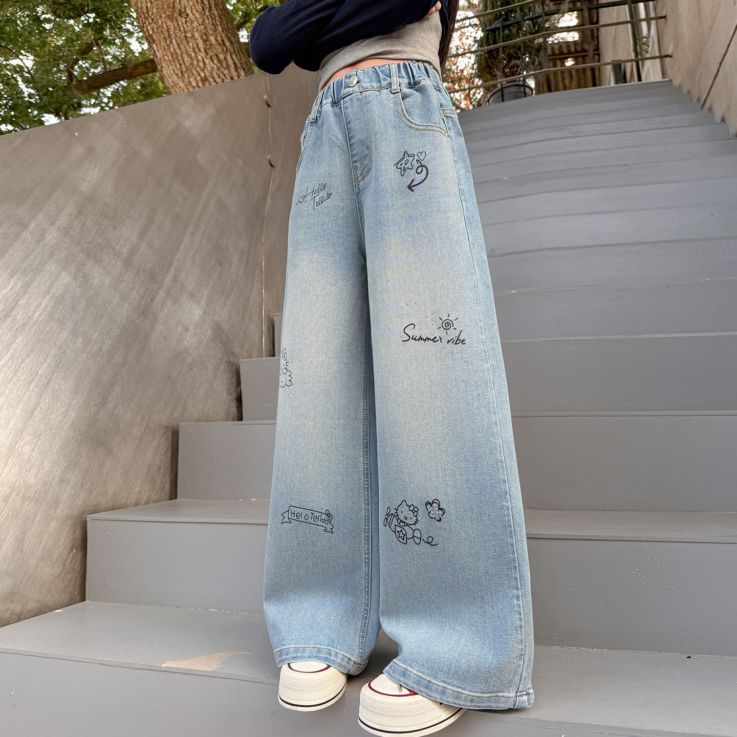 女童春装绣花牛仔裤外穿2026新款中大童洋气阔腿裤初中学生长裤子,淘宝优惠券,粉丝福利购,淘宝优惠卷