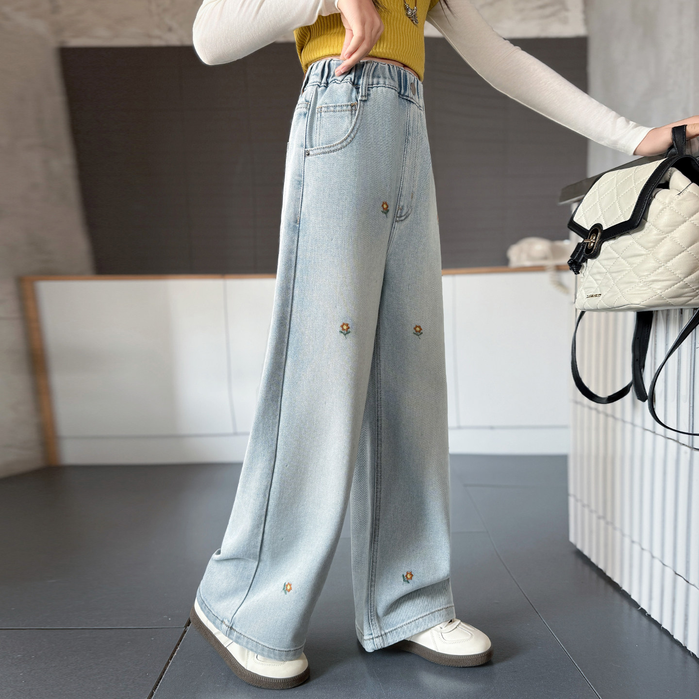 女童春装刺绣牛仔阔腿裤2026新款中大童宽松直筒长裤洋气学生裤子,淘宝优惠券,粉丝福利购,淘宝优惠卷