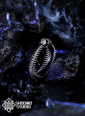 蛇骨开口纯银戒指暗黑风格