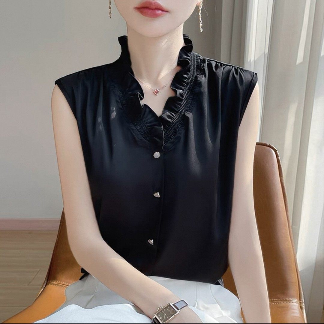 法式V领木耳花边丝滑缎面无袖背心气质内搭女叠穿百搭打底秋季,淘宝优惠券,粉丝福利购,淘宝优惠卷