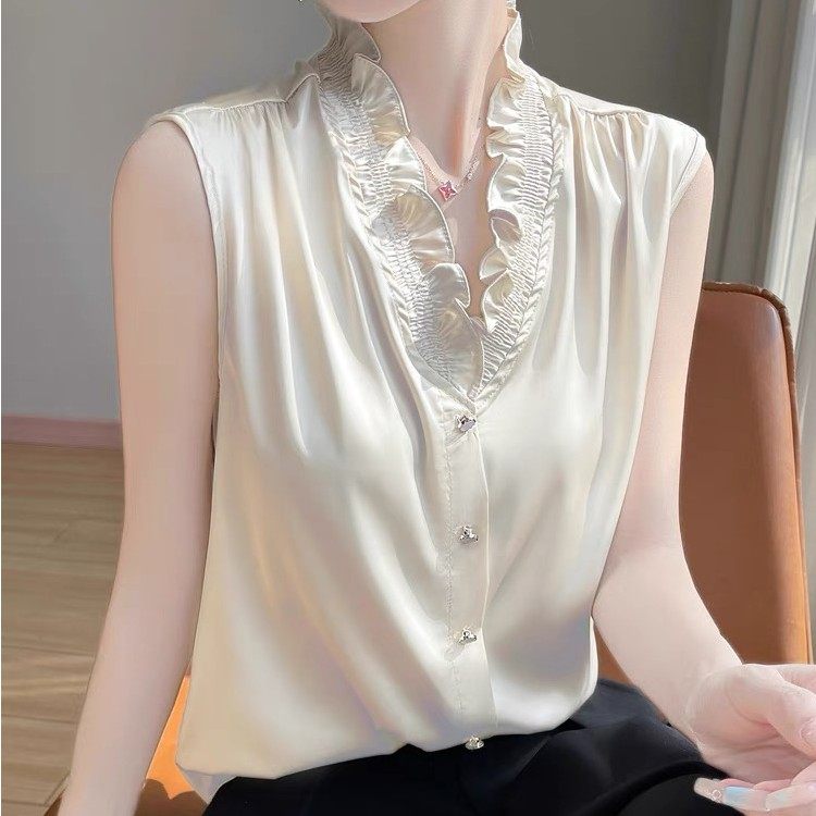 法式V领木耳花边丝滑缎面无袖背心气质内搭女叠穿百搭打底秋季,淘宝优惠券,粉丝福利购,淘宝优惠卷