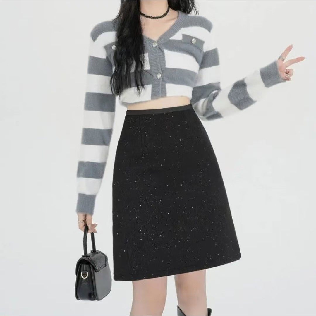 大码香风高级亮片毛呢中裙秋冬款半身裙高腰显瘦A字包臀短裙,淘宝优惠券,粉丝福利购,淘宝优惠卷
