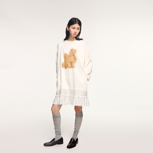 UOOYAA/乌丫2025冬季新款「伤心小熊」拼接T恤式连衣裙 - 图2