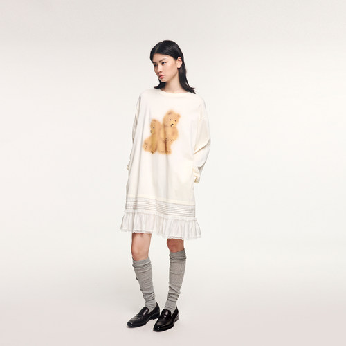 UOOYAA/乌丫2025冬季新款「伤心小熊」拼接T恤式连衣裙 - 图0