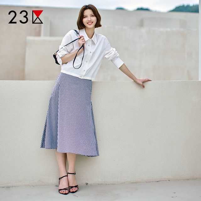 Cotton blended fine plaid over-the-knee skirt, same style as the store