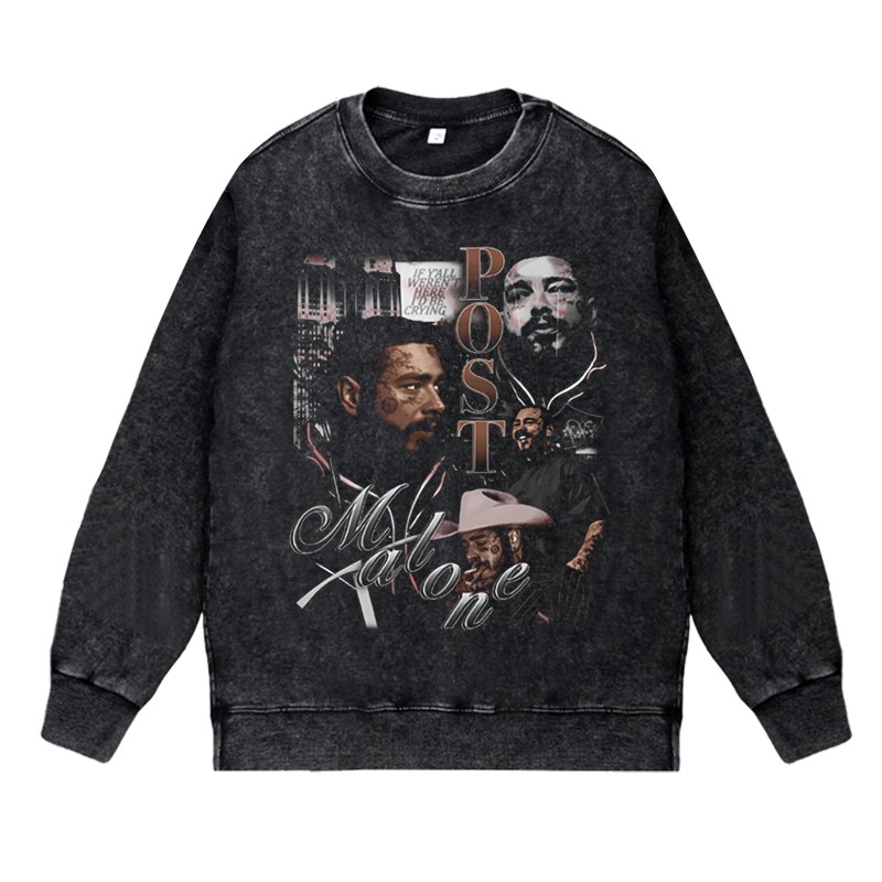 美式说唱西海岸apper水洗做旧vintage印花卫衣波兹马龙postmalone - 图1