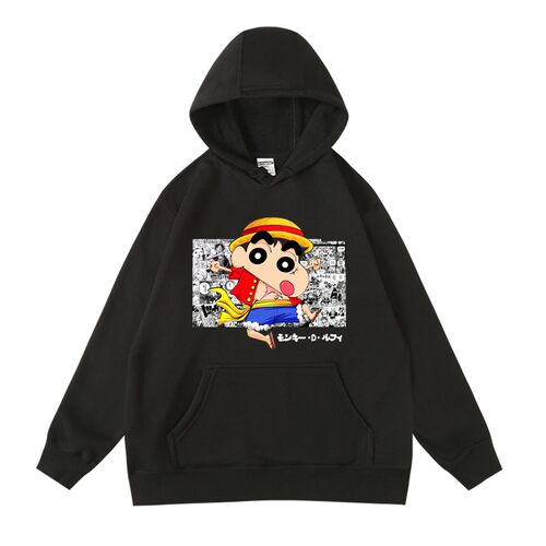 卡通动漫蜡笔小新联名海贼路飞秋冬连帽加绒卫衣帽衫男女同款学生 - 图1