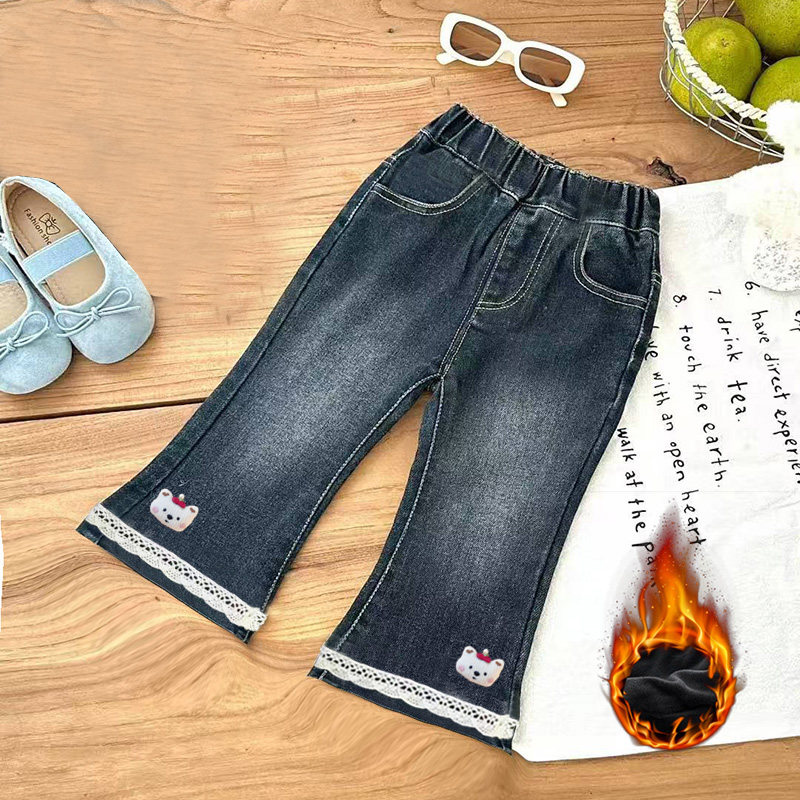 女童加绒裤子秋冬装2025新款女孩长裤花边喇叭裤一体绒儿童牛仔裤,淘宝优惠券,粉丝福利购,淘宝优惠卷