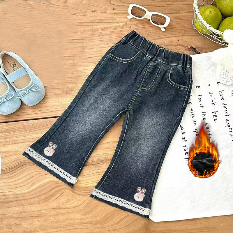 女童加绒裤子秋冬装2025新款女孩长裤花边喇叭裤一体绒儿童牛仔裤,淘宝优惠券,粉丝福利购,淘宝优惠卷