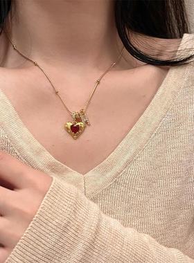 锆石字母H爱心项链红宝石镶嵌